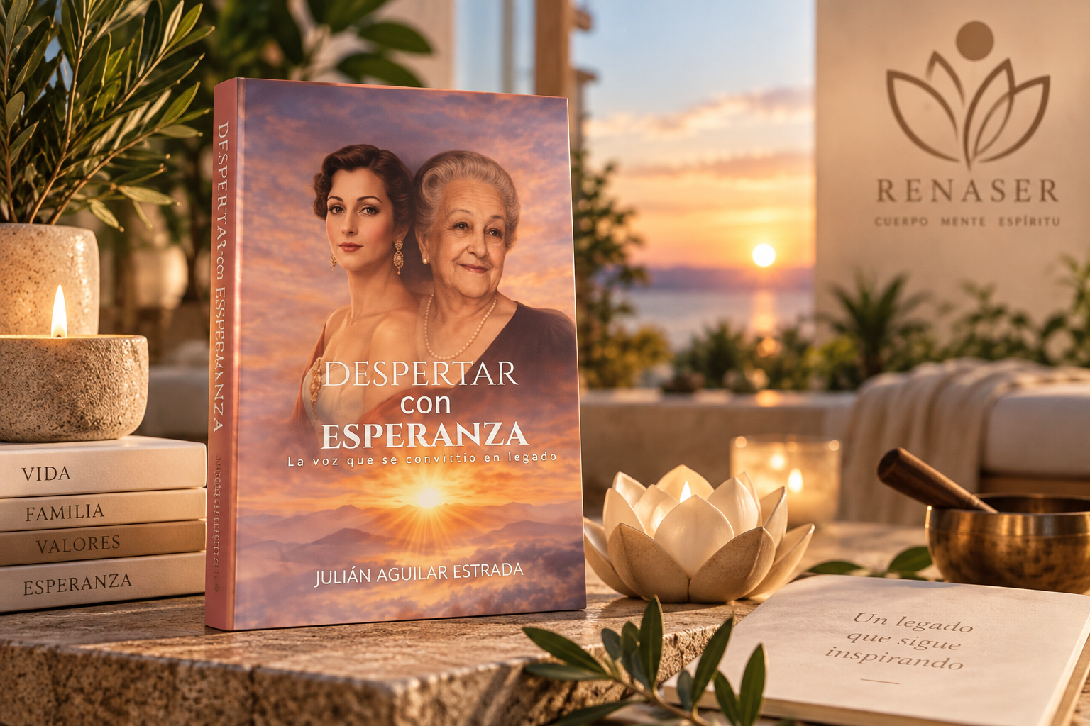 Imagen editorial del libro Despertar con Esperanza acompañado de materiales de bienestar